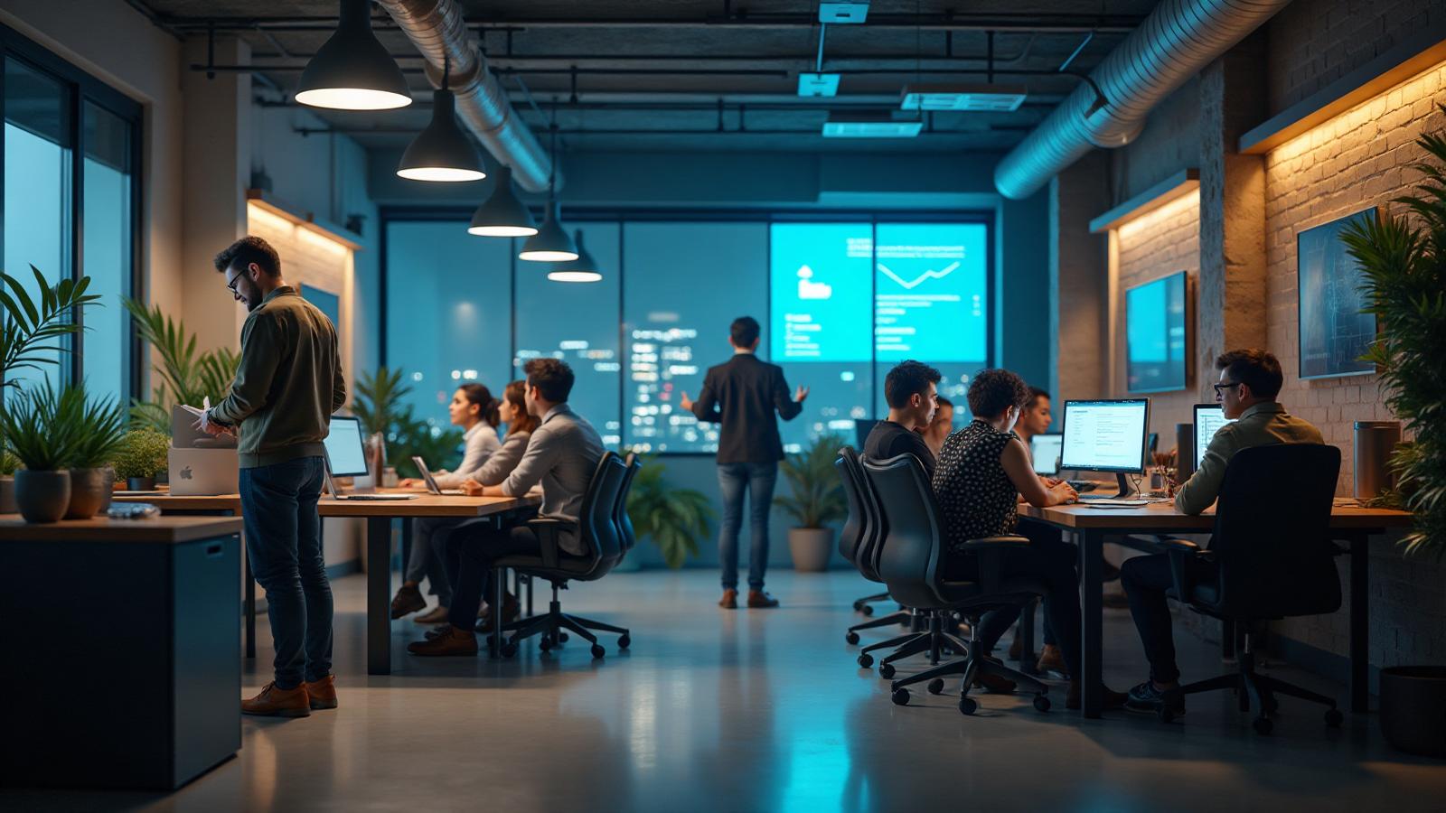 Emprendedores trabajando con tecnología innovadora en startup moderna que utilizan arrendamiento puro para impulsar la innovación